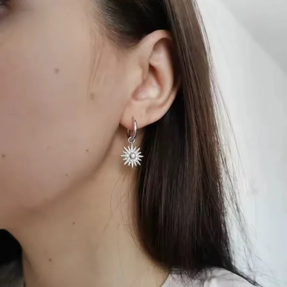 Sunburst Stainless Silver Waterproof Hoop Earrings - Picture 12 of 13